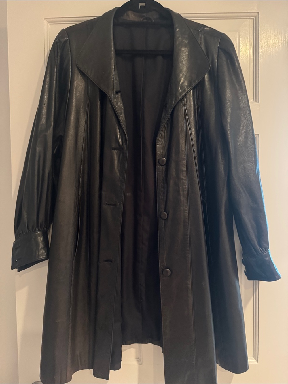 Vintage Women's Black Leather Long Coat Jacket - Classic Button Front